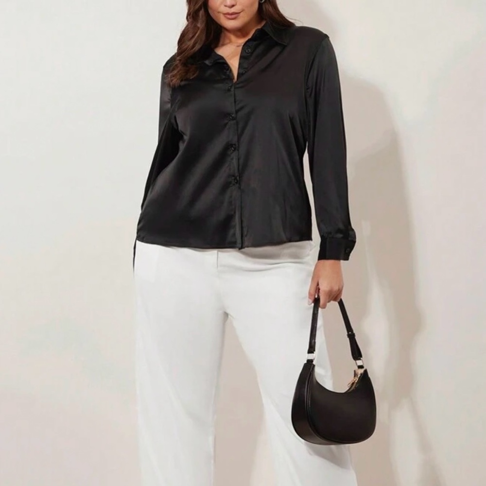 Shein Black Satin Button-Up NWOT